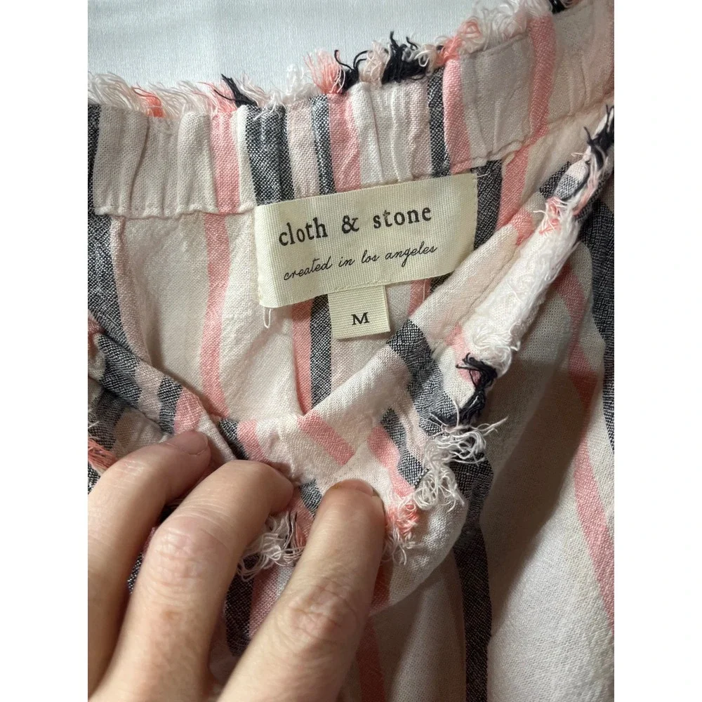 Cloth & Stone Womens Strapless Striped Romper Pink Navy Linen Blend Fringe - Med - Picture 2 of 3